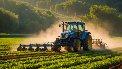 Obraz premium Tractor in the field, pesticides