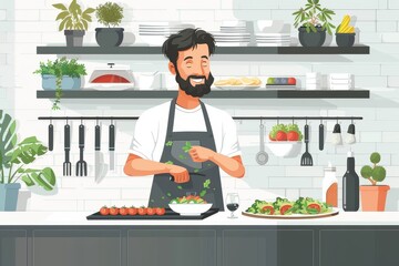 A digital illustration of a chef tossing salad in a contemporary kitchen setup