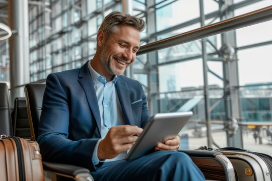 Airport journey, tablet, or businessman check finance portfolio, stock market database, or investment feedback. Economic, FX account manager, or trader pleased with NFT, bitcoin, or crypto profit