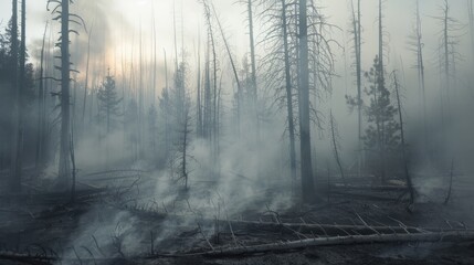 Fototapeta premium Effects of a Forest Fire Charred Trees and Heavy Smoke