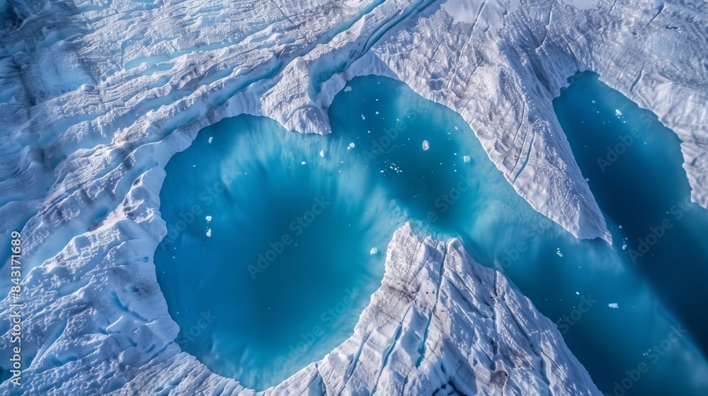 Poster from above the supraglacial lakes on this glacier create a mesmerizing abstract pattern.