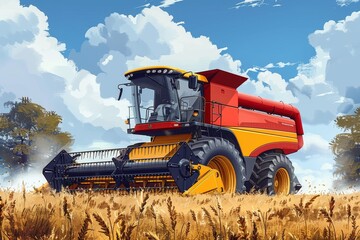 Obraz premium Digital illustration of a yellow and red combine harvester with a full grain tank harvesting wheat in a field