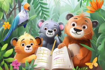 Naklejka premium Cartoon characters including a lion, a koala, and other jungle animals look at a map, surrounded by a lush green environment
