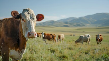 Rural farm with cows and sustainable livestock for the environment. Agriculture, animals, and cattle for meat, dairy, and beef production in grass fields.