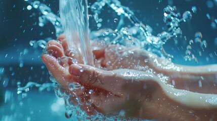 Fototapeta premium Blue background, water splash, hand hygiene, advertisement or product placement. Health, skincare, and bacteria prevention, man washing hand in studio background.