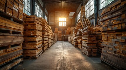 Inside a woodworking workshop, wood stacked on top of each other