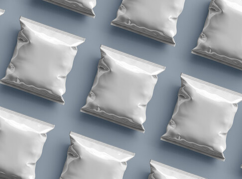 Packaging mockup template for a square polyethylene bag for food on a light background. 3d render
