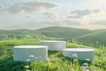 three white podium views grassland background