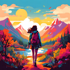 Fototapeta premium a vibrant and lively vector-style illustration of a woman a tourist with a backpack walking