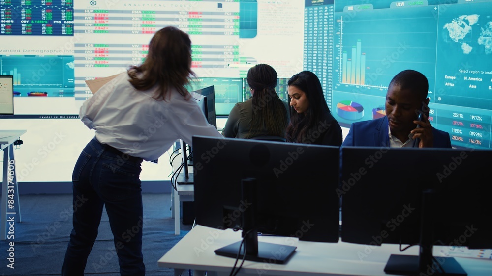 Poster business administrator discussing with the investors on phone call, reviewing key performance indica
