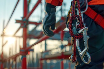 Safety body construction. Safety belt and hook. Work safety concept. Fall arrest device