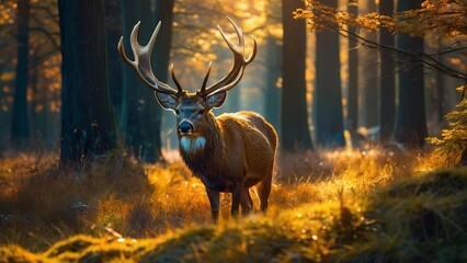 A deer with golden antlers standing in a sunlit glade. wallpaper style