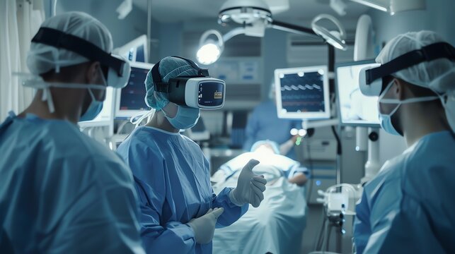 Surgeons in the operating room wearing virtual reality headsets.