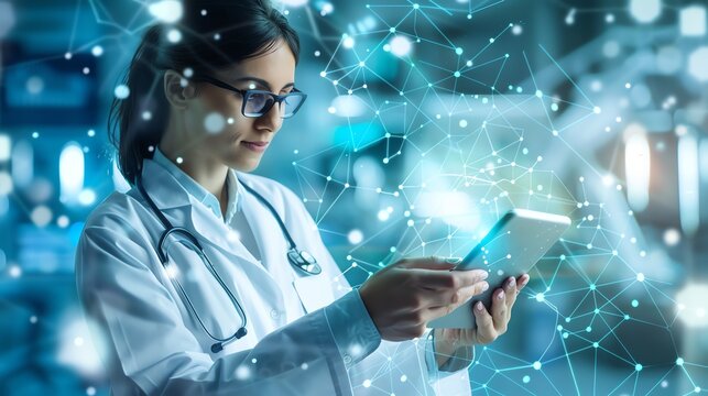 Confident female doctor using a digital tablet in a modern hospital.