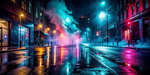 Neon-lit city street at night with fog