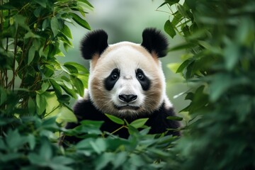 A cute panda peeks through lush green foliage, creating a serene and captivating wildlife scene....