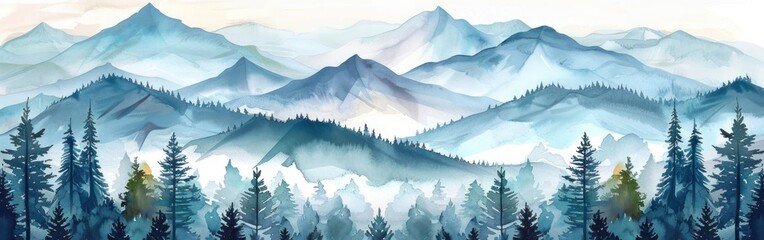 Watercolor Mountain Peak Landscape with Fir Trees Panorama Banner Illustration for Logo Design on White Background