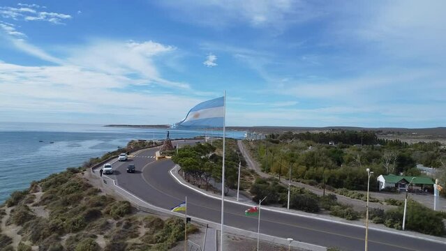 Aerial Shot of the Argentine Flag in Puerto Madryn, Chubut, Argentina