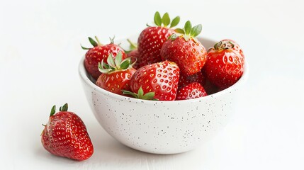 Ripe, juicy strawberries in a white bowl on a white background. The strawberries are fresh and have green leaves. The bowl is white with gray dots.