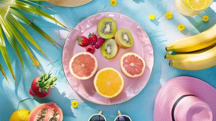 A top-down view presents a fresh fruit plate alongside a collection of summer fashion beach accessories, embodying the tropical beach lifestyle