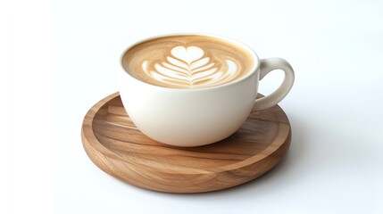 Obraz premium This is a photo of a cup of coffee on a wooden saucer. The coffee is topped with a beautiful foam design. The cup is sitting on a white background.