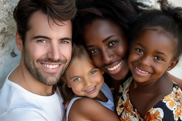 Fototapeta premium A family of four, two men and two women, are smiling and hugging each other
