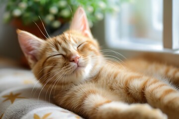 Peaceful ginger cat is sleeping soundly on a soft, cozy blanket next to a window