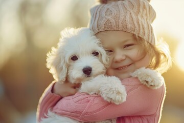 Delighted young girl wearing a pink jacket and knit hat warmly embraces her fluffy white puppy in a tender moment
