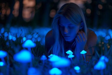 A young woman is enchanted by glowing blue mushrooms at night, exuding a sense of wonder and magic
