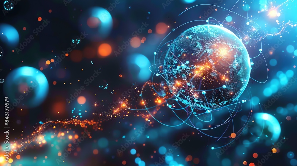 Poster 3d rendering of a glowing blue planet earth with a network of orange and yellow lines and dots repre