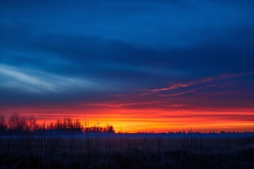 Fototapeta premium Breathtaking sunset landscape with dramatic orange and blue skies over silhouetted trees and fields