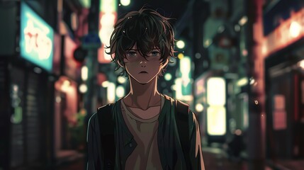 Fototapeta premium A young man with a backpack stands in the middle of a busy city street at night.