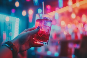 pov of a cocktail glass against a bokeh light background at a party