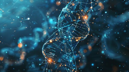 The image is a 3D illustration of a DNA double helix.