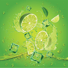 Flying Green Fresh juicy Lime, cutting slices with green splash