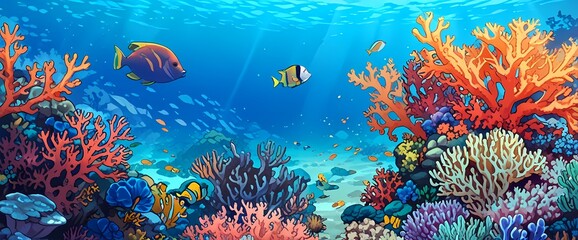 Fototapeta premium Title: 3d illustration of underwater sea colorful tropical fish in the coral reef.