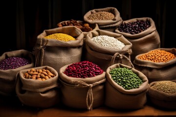 Assorted varieties of beans and legumes neatly arranged in burlap sacks, showcasing vibrant colors and textures, perfect for culinary use.