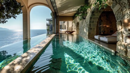 Amazing view of the Mediterranean Sea from a luxury hotel room with an infinity pool.