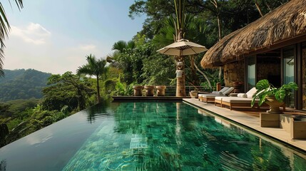 Amazing view of the jungle from the infinity pool of a luxury hotel.