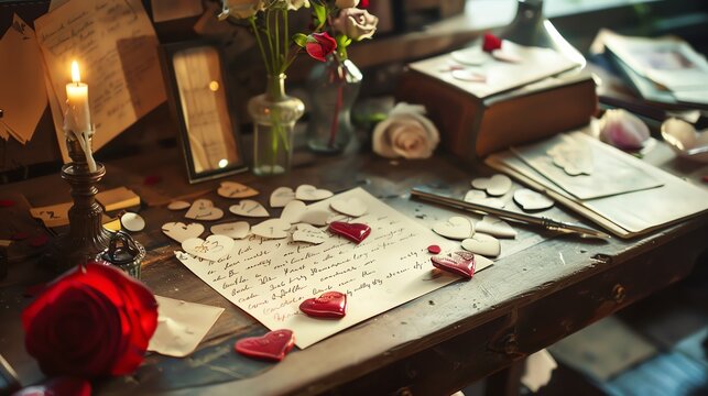 A wooden table covered with a variety of objects, including a candle, a vase of flowers, some books, and a stack of letters tied with a ribbon.