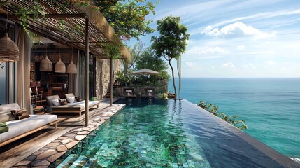 Amazing view of the sea from a luxurious villa with an infinity pool. The villa is located on a cliff and offers stunning views of the ocean.