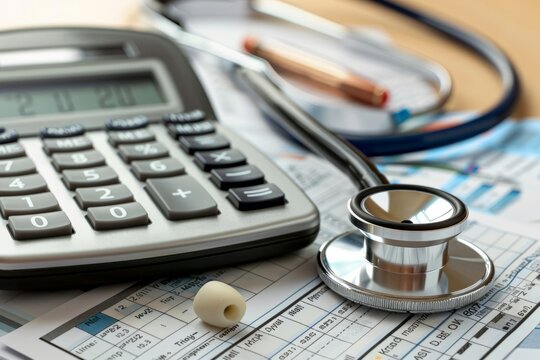 A calculator beside a stethoscope on top of paperwork stock photo - Powered by Adobe