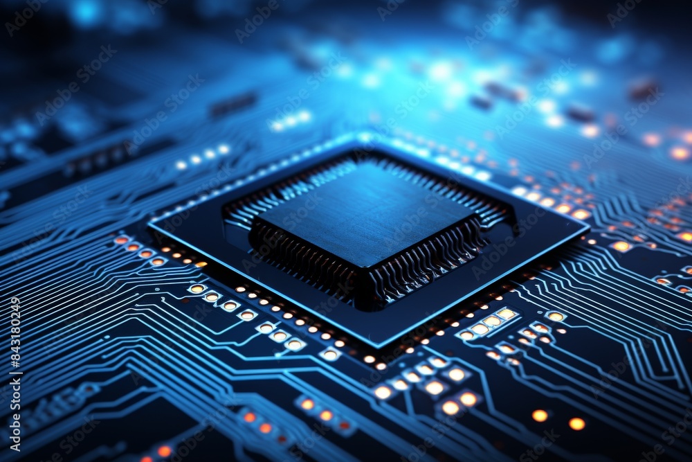 Poster close-up of a microchip on a blue circuit board illuminated by lights, representing technology and m