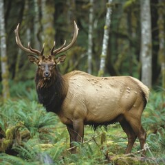 Fototapeta premium Majestic Bull Elk in Verdant Forest: A Beautiful Snapshot of Wildlife in its Natural Habitat, Showcasing the Majesty of Nature's Wonders