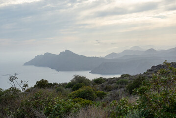 View from the mountain to the sea and mountains. Portman, Murcia, Spain.