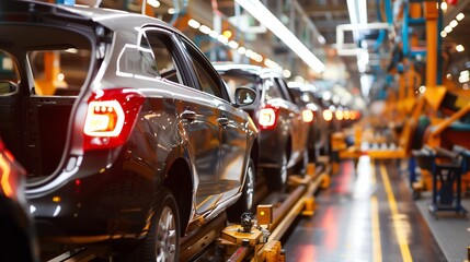 Car production line in a modern factory. The bodies of the cars are painted and the wheels are attached.