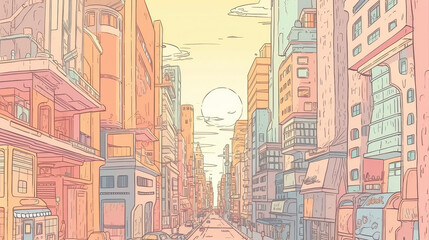 Obraz premium A cute doodle of a futuristic cityscape, with a pastel color palette, high-tech skyscrapers and flying cars, a bustling city center with advanced technology, energetic and futuristic vibes, Photograph