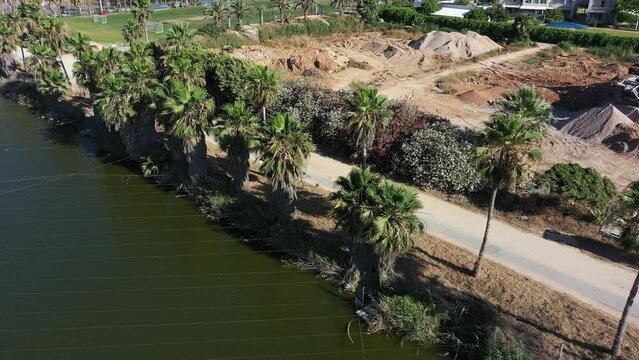 Aerial video over fish ponds and coastline in Jisr az Zarqa Israel