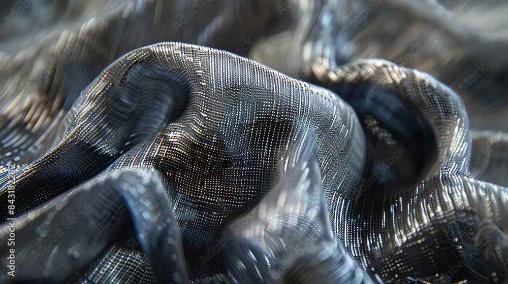 Poster black and silver shiny fabric with a wavy pattern. the fabric is soft and flowing, and the waves cat