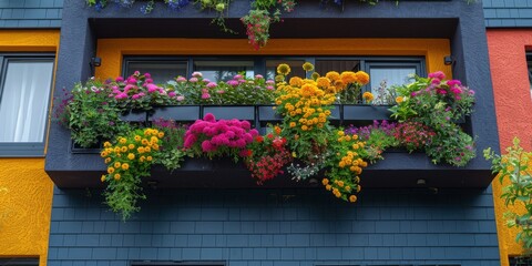Fototapeta premium A building with a balcony full of colorful flowers
